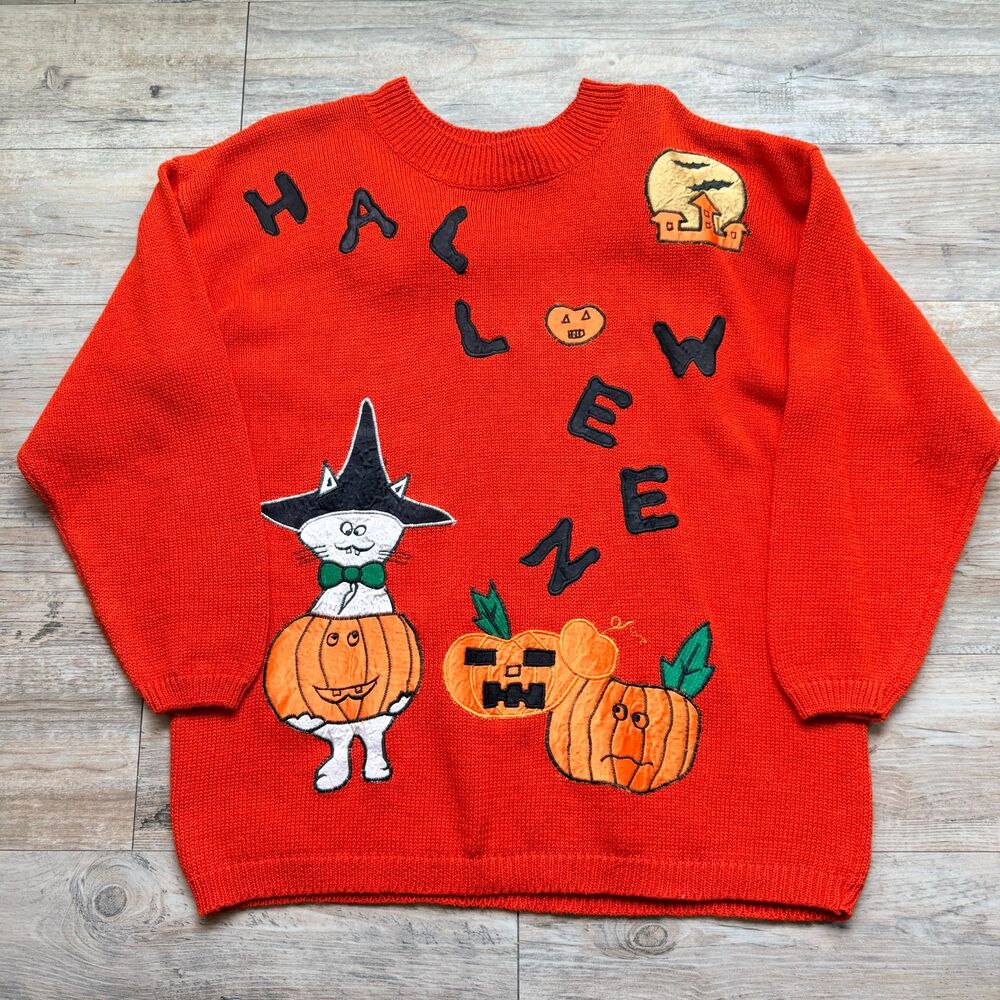 Vintage Halloween Sweater Medium Orange Pumpkin Witch Cat 90s Novelty Knit